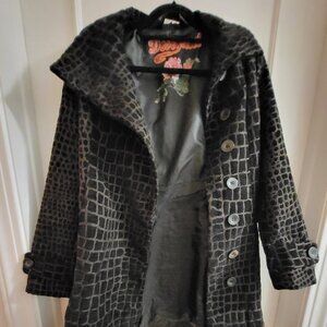 Desigual Black & Brown Textured Faux Croc Button-Down Midi Coat - Size 36